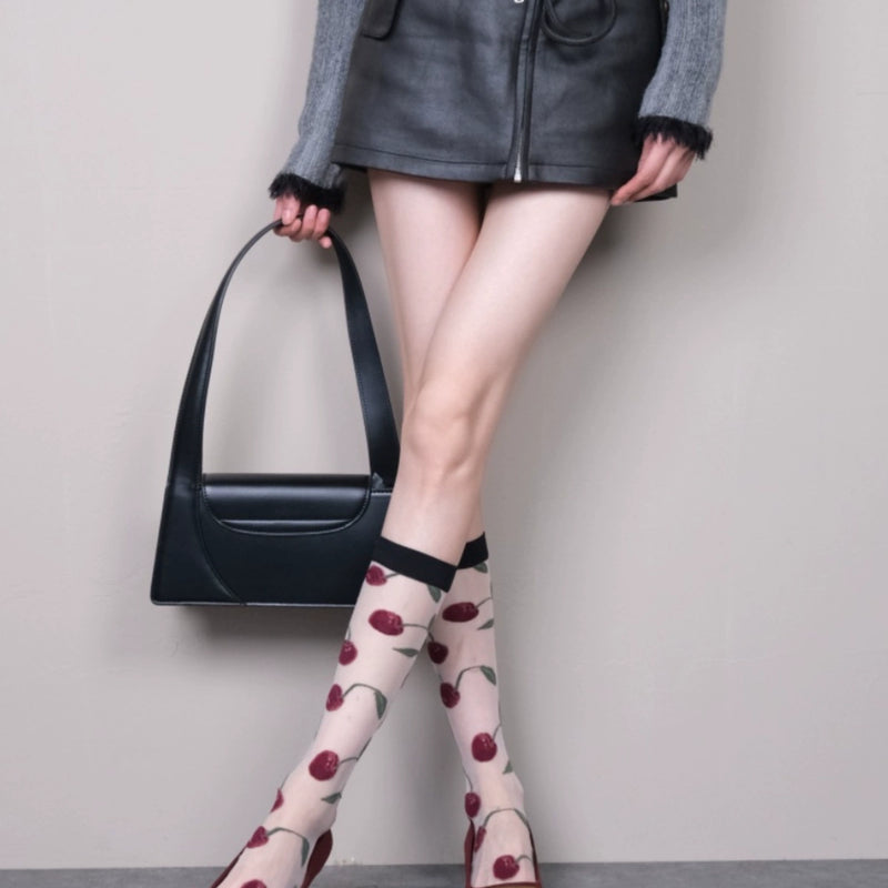 Cherry Free~ French Romantic Red Cherry Jacquard Multi-Color Skinny Calf Socks