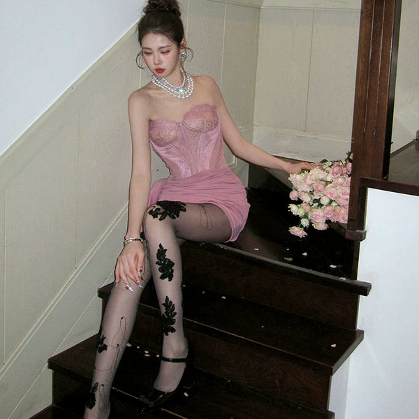 Fashion niche tassel three-dimensional sweet lace pearl handmade pantyhose black silk twisted stockings