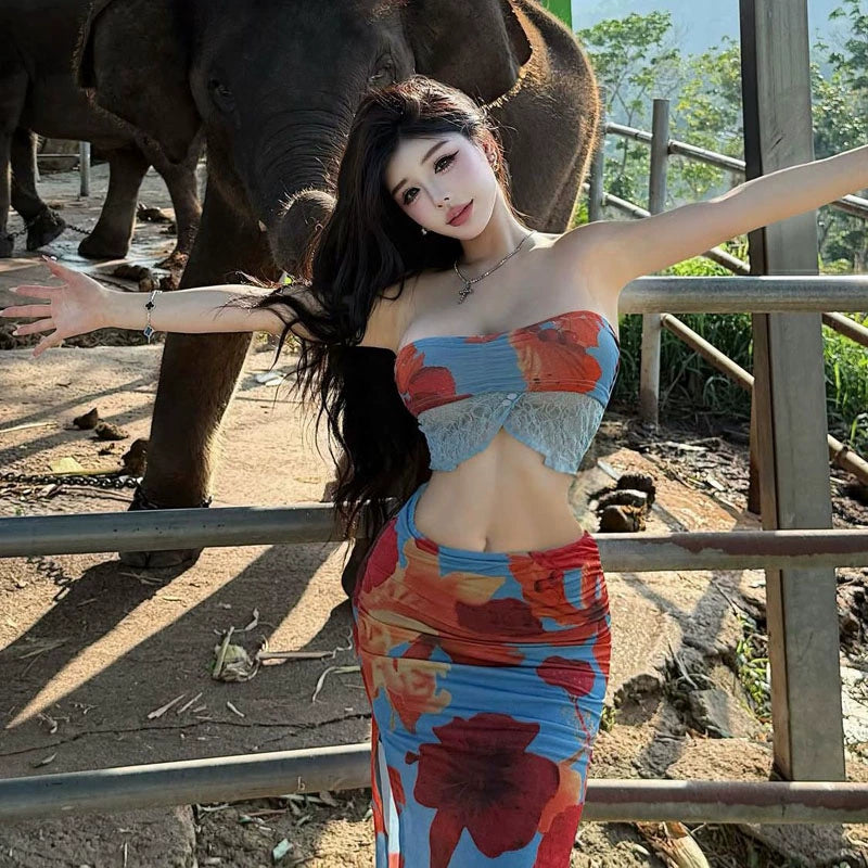 Pure desire style sexy babes hollowed out retro printing open navel vacation fashion chest wrap beach dress two-piece set
