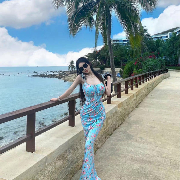 Pure desire girl sweet vacation neck suspender long dress floral color age reduction Spice girl cut men fashion dress summer