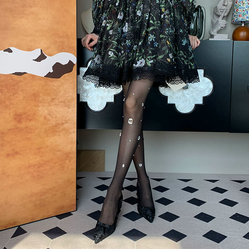 2025 autumn new French light luxury high-end temperament mature women fashion niche black diamond-encrusted pantyhose women