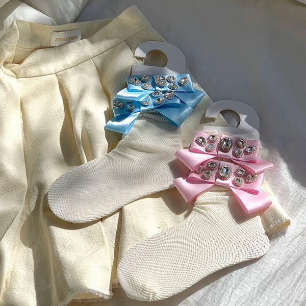 Fashion niche, girlish court gorgeous bow ribbon inlaid gemstone lace mesh tube socks