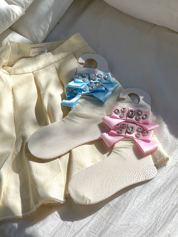 Fashion niche, girlish court gorgeous bow ribbon inlaid gemstone lace mesh tube socks