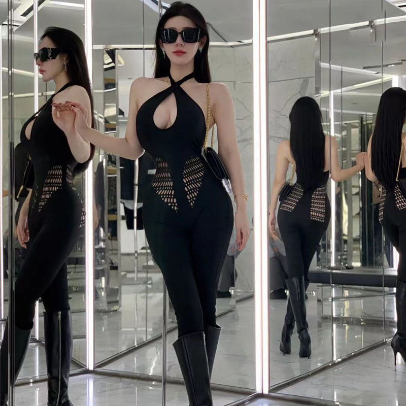 Neck crossed backless black slim jumpsuit sleeveless hollow low-cut small slim-fitting trousers spring and autumn