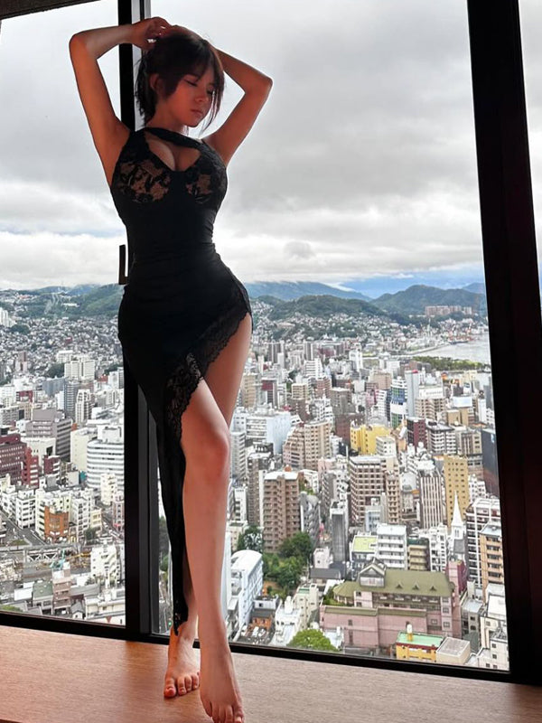 Nightclub spicy girl style sexy low cut V-neck lace patchwork irregular temperament high slit waist slimming dress