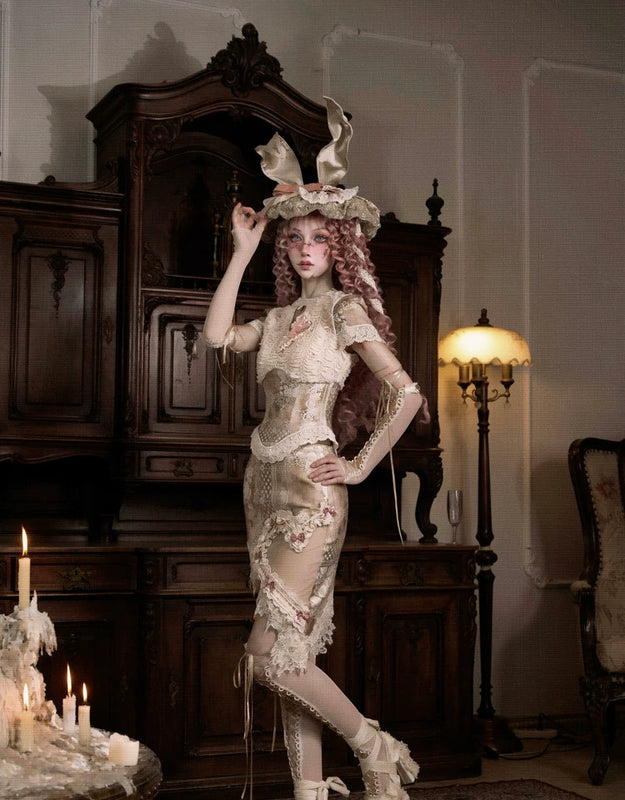 Crew Neck Hollow Elegant Love Vintage Short Lace Top Christmas Halloween Top