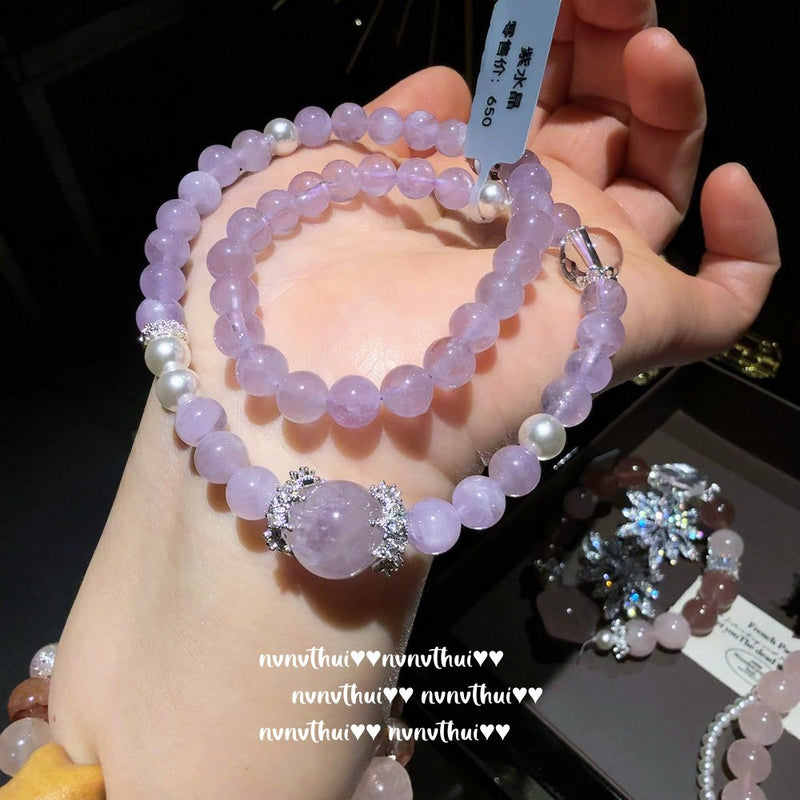 Gilded snow pollen crystal small waist bracelet with pink jade stars, lavender purple bracelet
