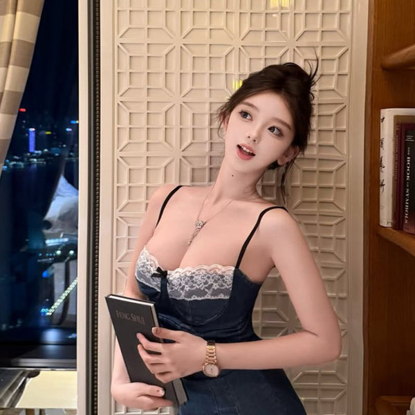 Pure Desire Wind Sexy Hot Girl Lace Splicing Strap Dress for Women in Summer Pure Sensation Slim Fit Waist Cowboy Bag Hip Skirt