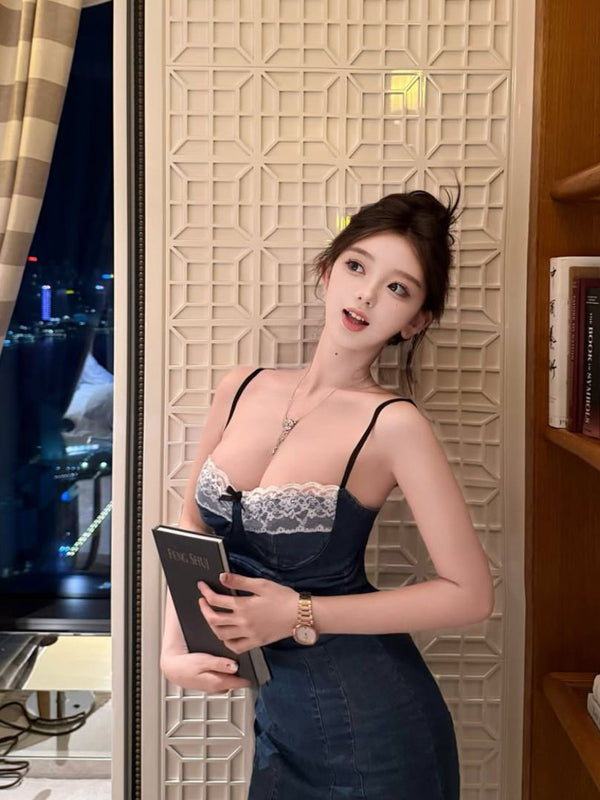 Pure Desire Wind Sexy Hot Girl Lace Splicing Strap Dress for Women in Summer Pure Sensation Slim Fit Waist Cowboy Bag Hip Skirt