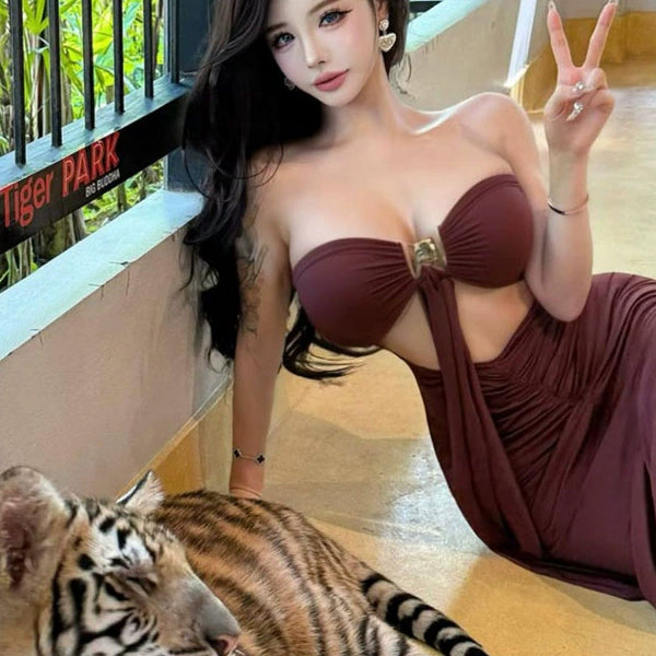Pure desire style sexy hot girl tube top backless dress female French celebrity high sense temperament hip fish tail dress
