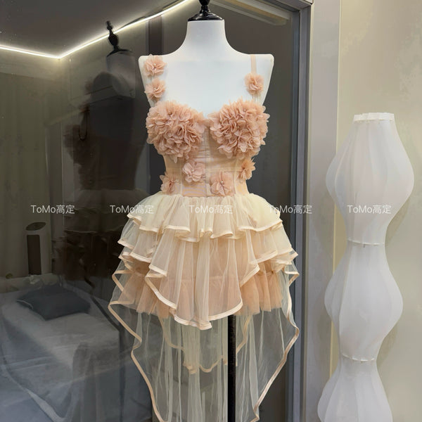 Sweet three-dimensional flower tube top suspender top irregular trailing tutu skirt mesh cake skirt birthday dress