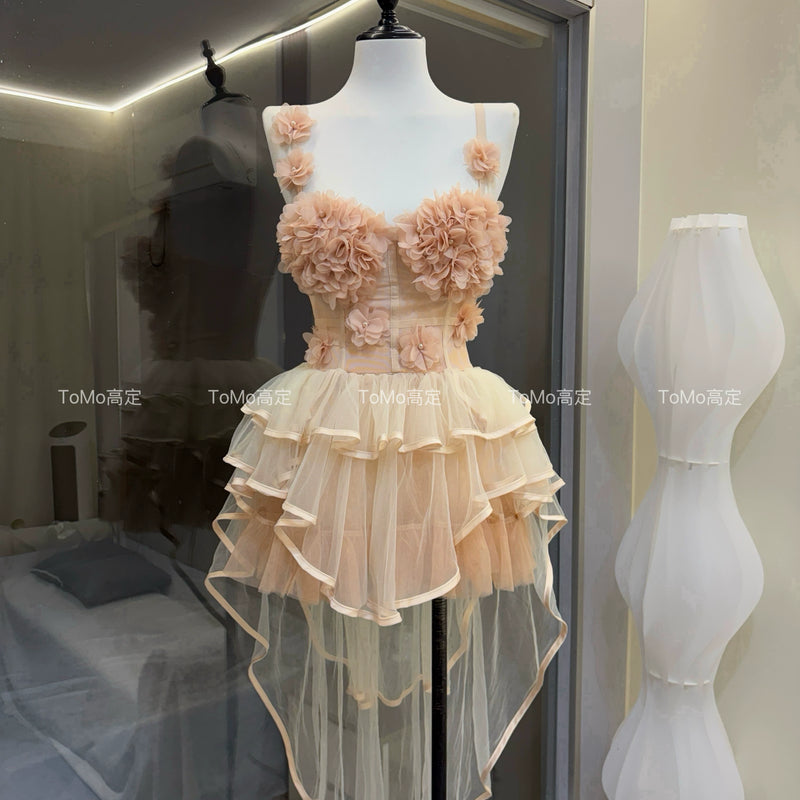 Sweet three-dimensional flower tube top suspender top irregular trailing tutu skirt mesh cake skirt birthday dress