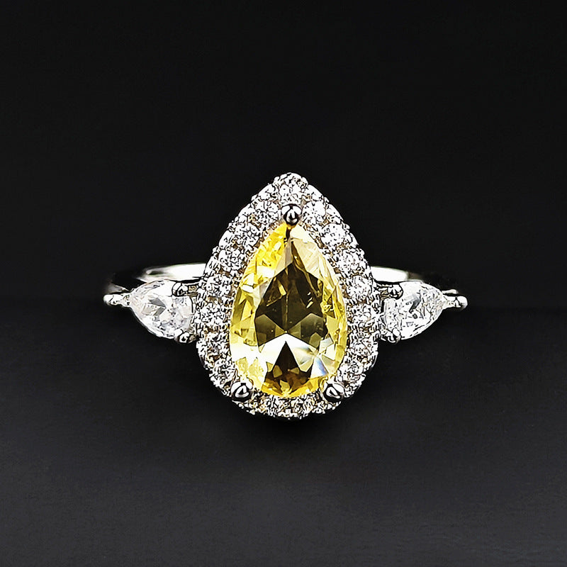 European and American new minimalist yellow pear shaped diamond zircon ring trend