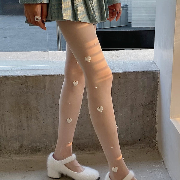 Fashion original niche design love pearl milk white one-piece socks sexy lolita college style stockings