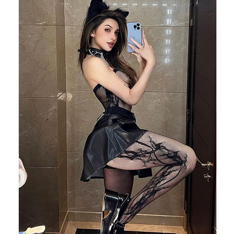 Spice Girls Sexy Hollow Mesh Stockings Pantyhose Black Silk Women's Socks Perspective Side Print Pantyhose Versatile Fashion