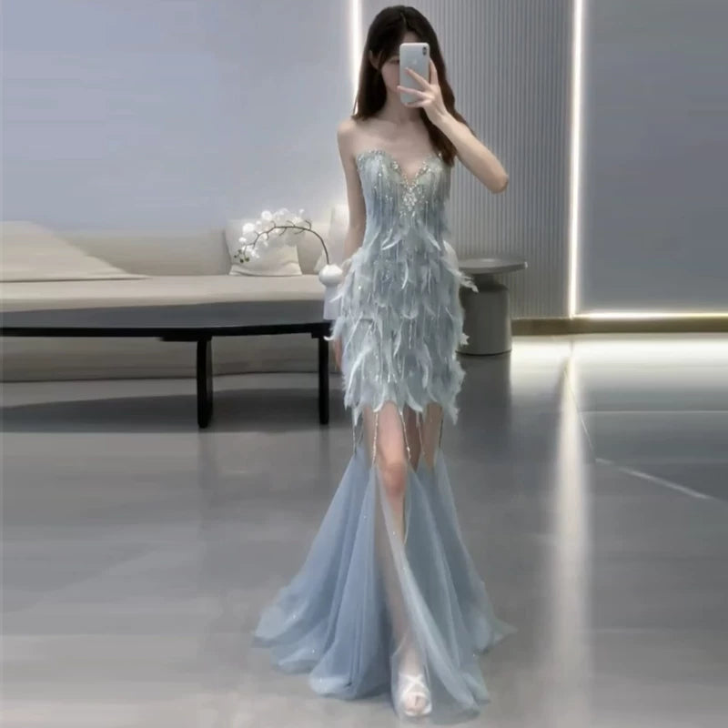 Blue feather tube top evening dress women's high sense birthday party princess dress annual meeting engagement bride toast dress