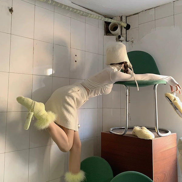 Fashion original niche design, furry feathers New Year's red tube socks sweet girl college style