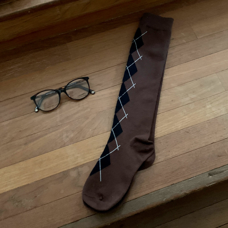 Fashion Academy Rhombus Knee Calf Socks Elegant Retro Thousand Gold Contrast Pile Socks