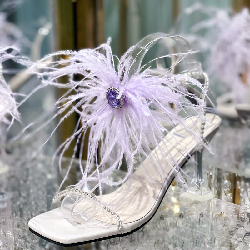 Ostrich feathers transparent one-word buckle high heels straps rhinestone sandals