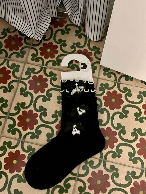 Fashion niche bow pearl pendant socks cute girl ballet summer stacking socks socks