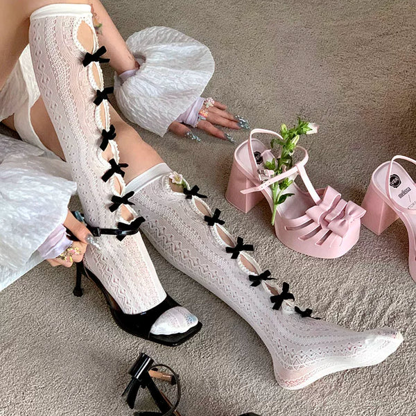 Fashion niche Zhang Yuanying same flocking bow hollow knee socks lace retro thin high tube socks