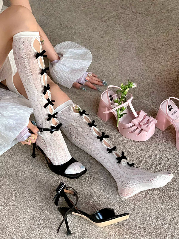 Fashion niche Zhang Yuanying same flocking bow hollow knee socks lace retro thin high tube socks