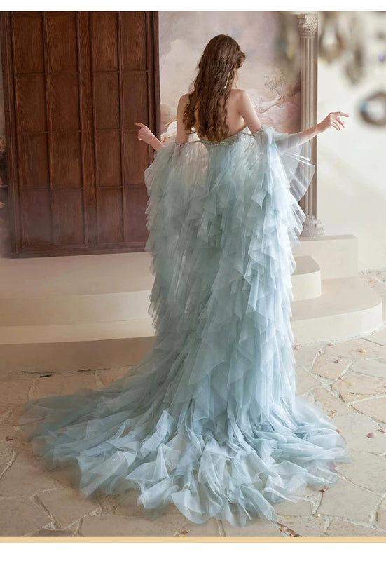 Blue feather tube top evening dress women's high sense birthday party princess dress annual meeting engagement bride toast dress