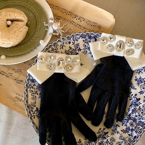 Fashion Niche Spring Summer Court Gorgeous Textured Glossy Ribbon Inlaid Gemstone Black Velvet Jewelry Gloves