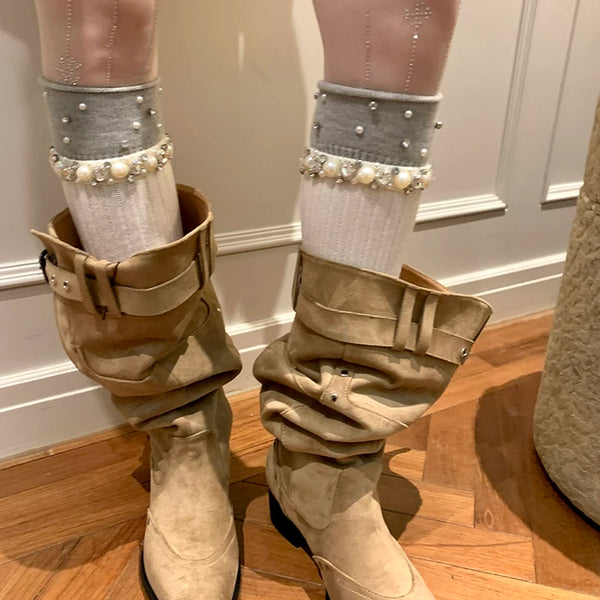 Fashion niche women's pearl rhinestone socks women's medium tube thickened stockpile socks autumn and winter calf socks