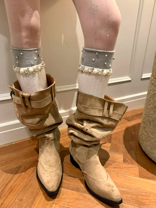 Fashion niche women's pearl rhinestone socks women's medium tube thickened stockpile socks autumn and winter calf socks