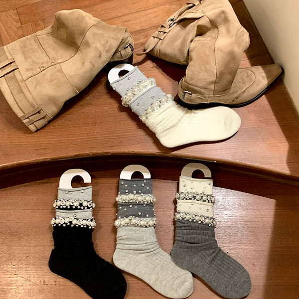 Fashion niche women's pearl rhinestone socks women's medium tube thickened stockpile socks autumn and winter calf socks