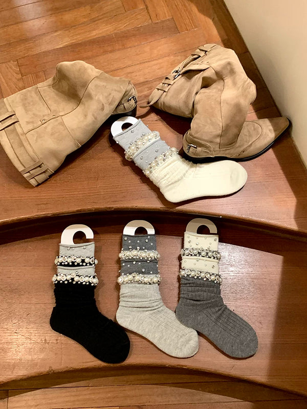 Fashion niche women's pearl rhinestone socks women's medium tube thickened stockpile socks autumn and winter calf socks