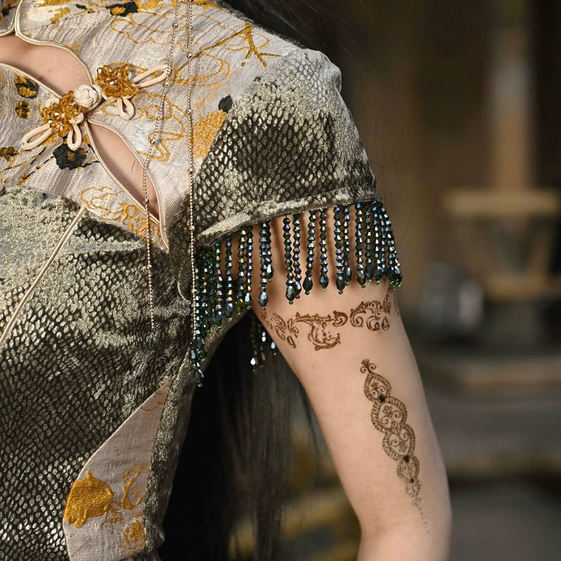 Chinese buckle slim-fitting fishtail long slit cheongsam dress Christmas