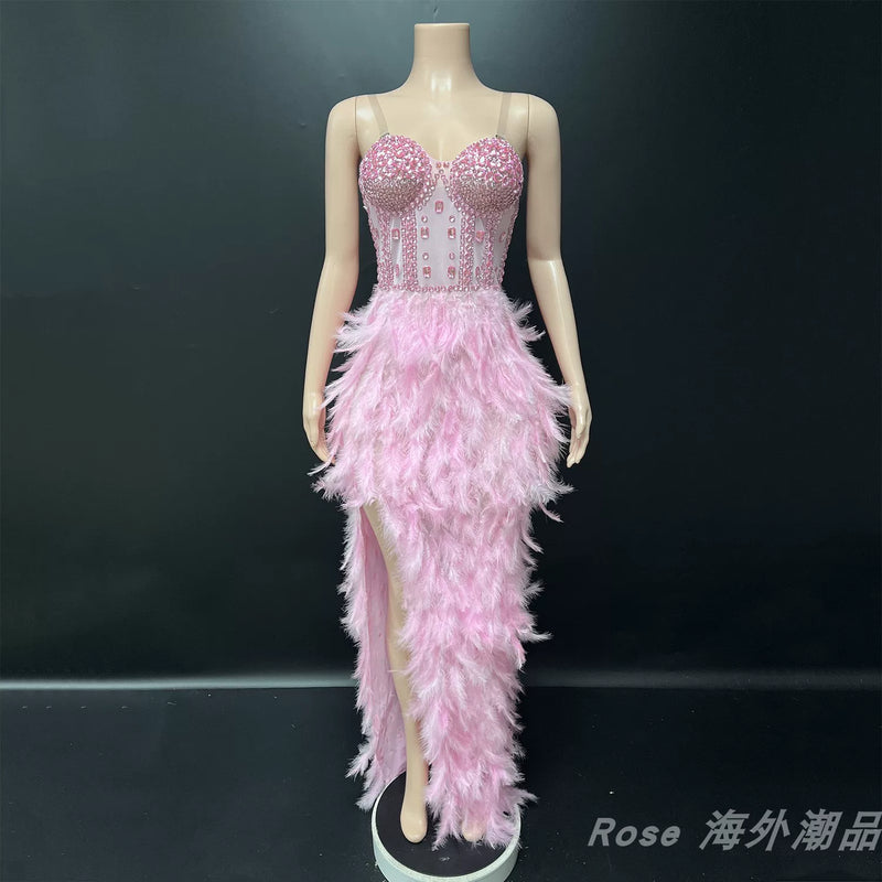 Elegant white swan-inspired feather skirt dress - slimming, rhinestone embellished mini dress for vacation, runway, party, and evening events