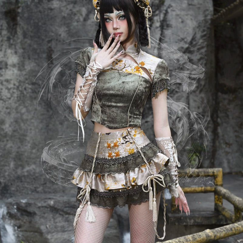 New chinoiserie jacquard snake print slimming tassel short sleeve cheongsam tops christmas halloween