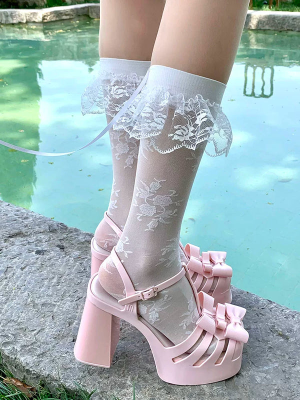 Fashion niche girl heart dark pattern lace calf socks spring and summer ultra-thin Korean girl medium tube socks