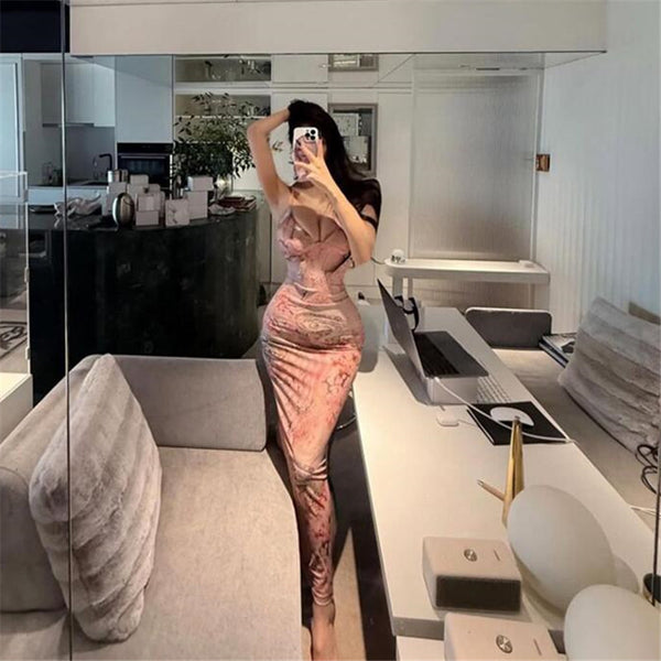 Sexy hot girl, backless vacation, butterfly condensation backpack, hip suspender dress, socialite, princess, hip hugging long skirt