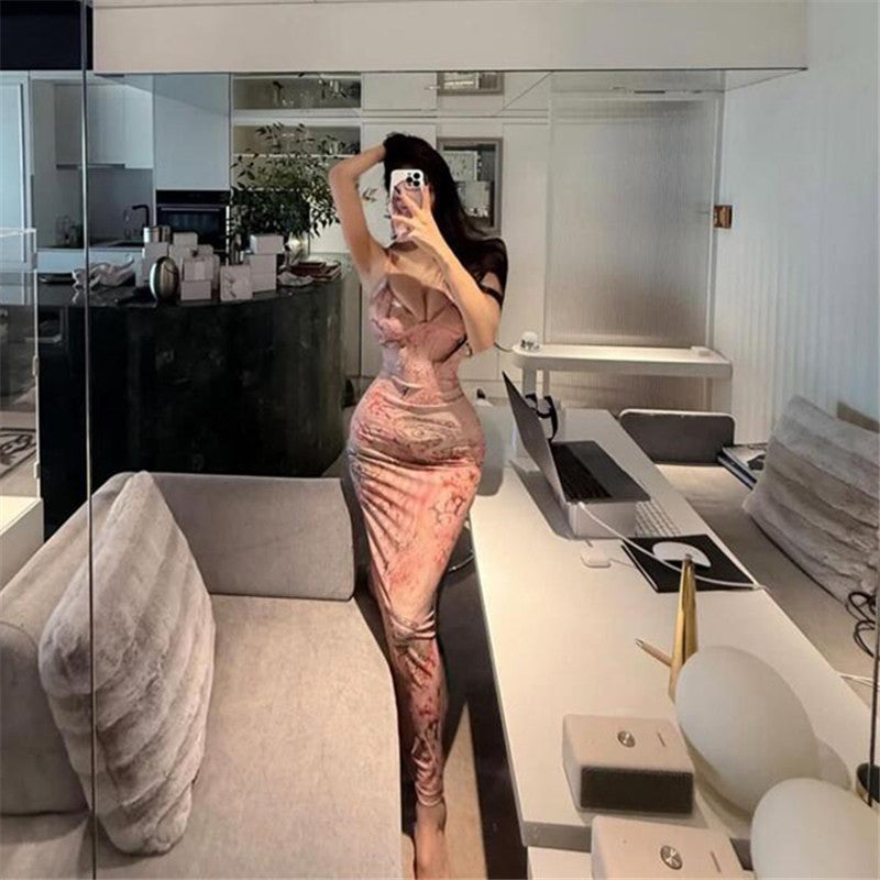 Sexy hot girl, backless vacation, butterfly condensation backpack, hip suspender dress, socialite, princess, hip hugging long skirt