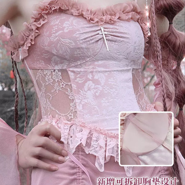 Original ◆ Sakura Nightmare, romantic gothic design sense velvet drawstring lotus root powder lace suspender dress