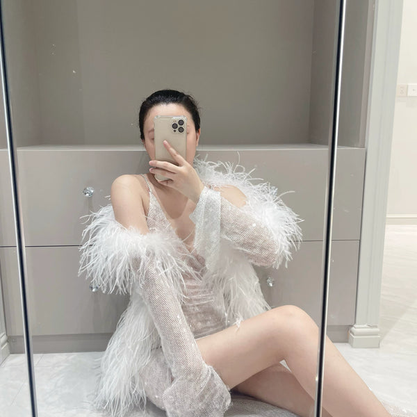 Muse Micro Transparent Crystal Sequins Ostrich Hair Sleeves High Slits Long Skirt Set Light Wedding Dress Skirt