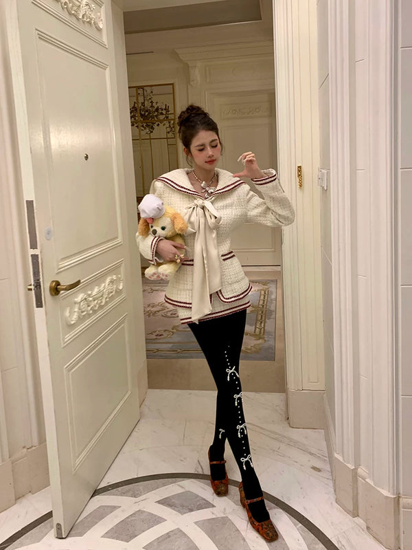 Fashion niche atmosphere, pearl bow, abdomen and hip lift, pressure to look thin, autumn and winter warm pantyhose women