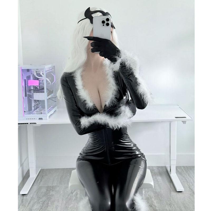 Spice Girls Black PU Leather Bright Leather Bodysuit Halloween COS Hairy Sexy Long Sleeve Leather Jacket Fried Street Niche