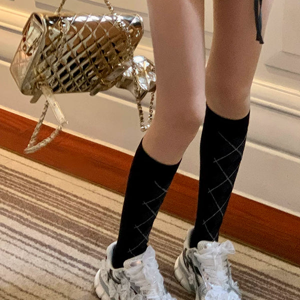 Fashion Academy Rhombus Knee Calf Socks Elegant Retro Thousand Gold Contrast Pile Socks