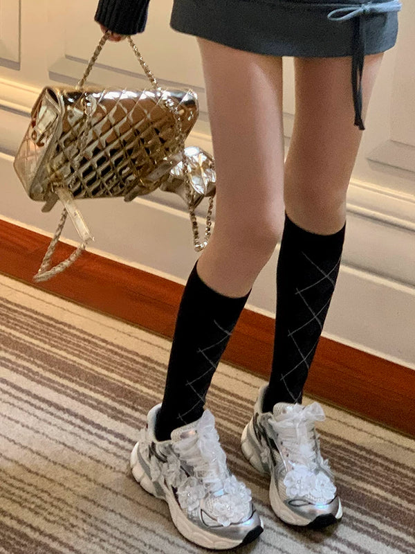 Fashion Academy Rhombus Knee Calf Socks Elegant Retro Thousand Gold Contrast Pile Socks