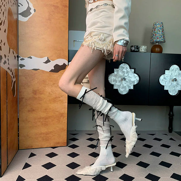 White peach summer~ summer 2025 new French romantic niche women thin black bow white calf