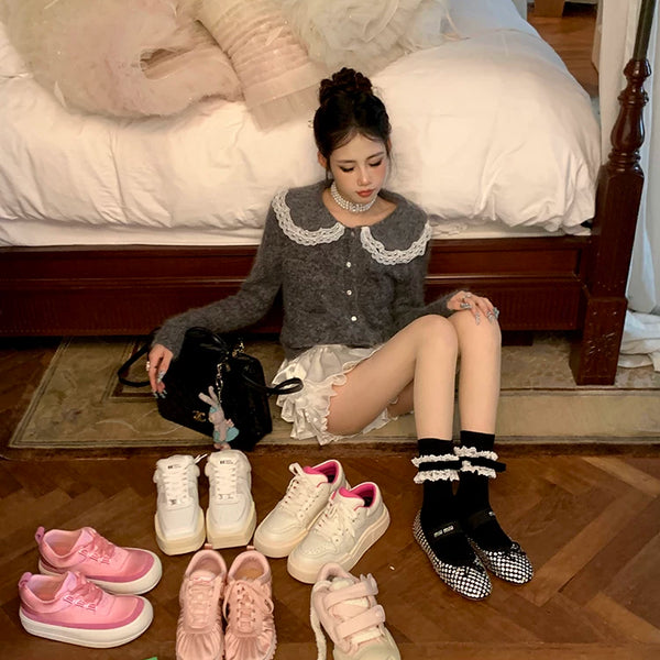 Fashion niche bow socks women's summer jk heel middle tube ribbon lace white calf socks thin