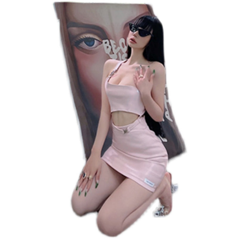 Spice girl niche design pure shoulder tender pink hollow short skirt stunning summer salt wear suspender dress