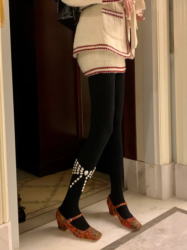 Fashion niche atmosphere bow rhinestone belly lift hip pressure thin autumn and winter warm pantyhose women