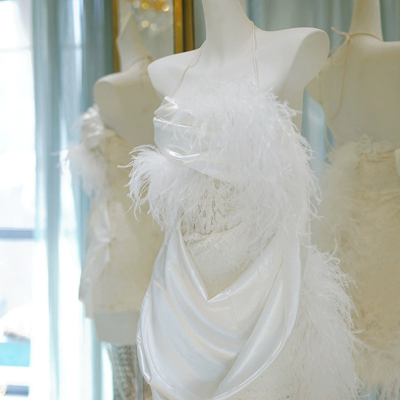 Ostrich hair acetic acid satin neck lace French fairy evening dress dress