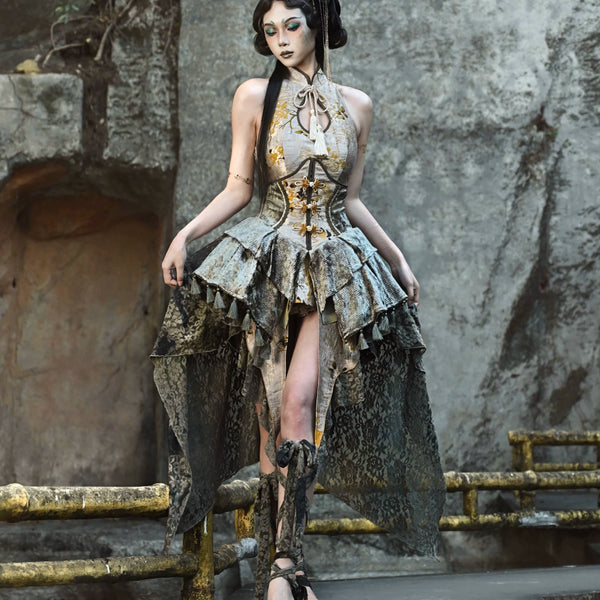 New Chinese style disc buckle jacquard lace trailing skirt Christmas